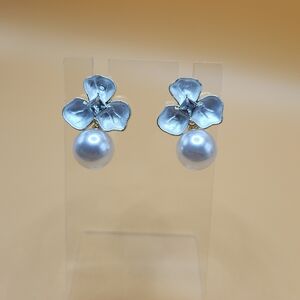 Silver Floral Pearl Drop Earrings